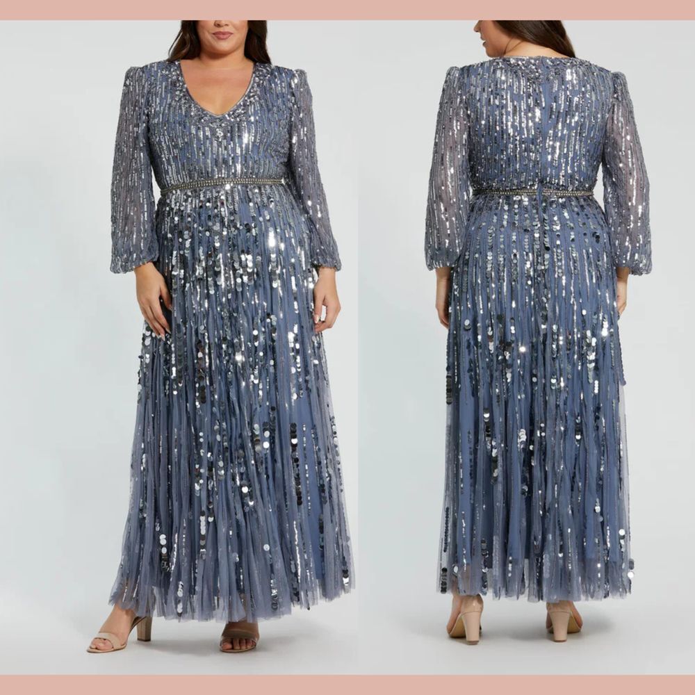 NWT MAC DUGGAL [ 16W ] 10019 Long‎ Sleeve Beaded Crystal V Neck Gown Slate blue